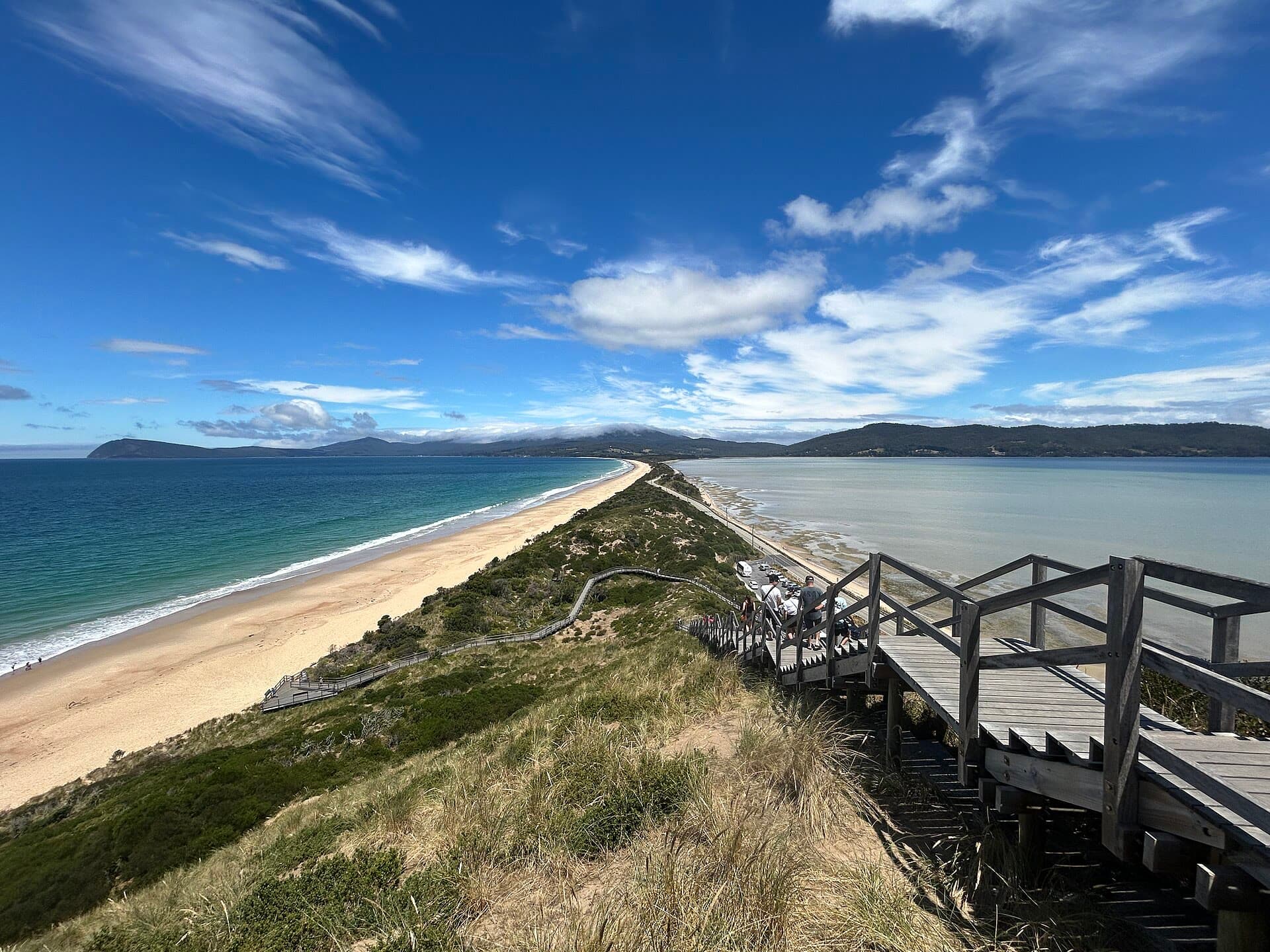 The Neck lookout on Bruny Island — a timber boardwalk above the isthmus between two beaches