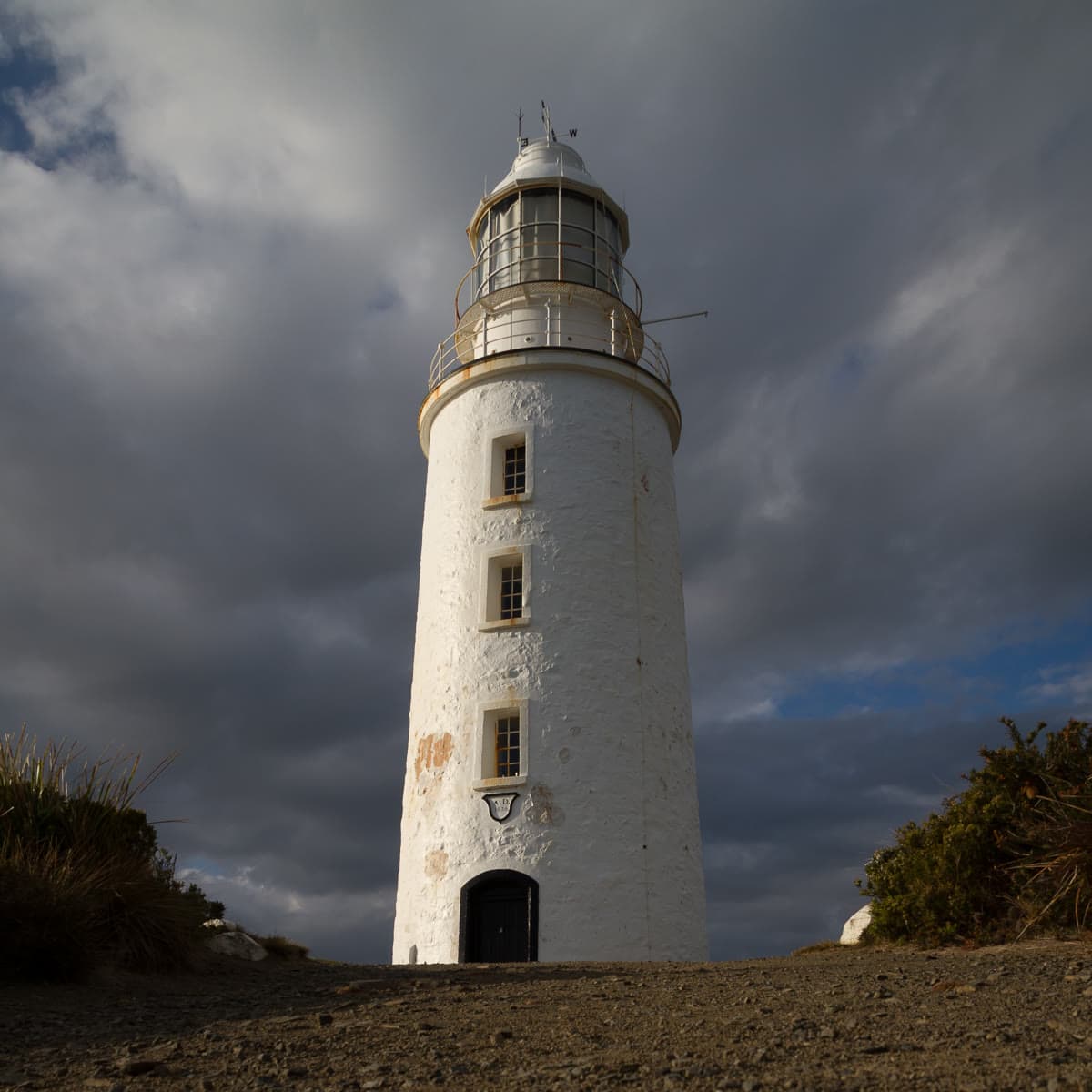 Cape Bruny Lighthouse, a short white tower on the South Bruny headland