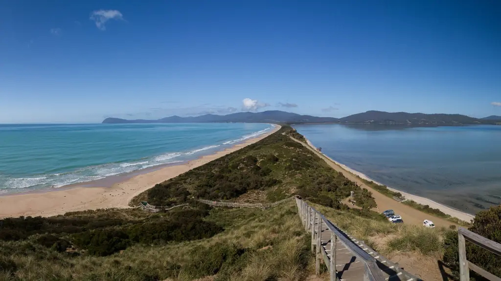 The Neck isthmus on Bruny Island seen from The Neck lookout, looking south towards Adventure Bay