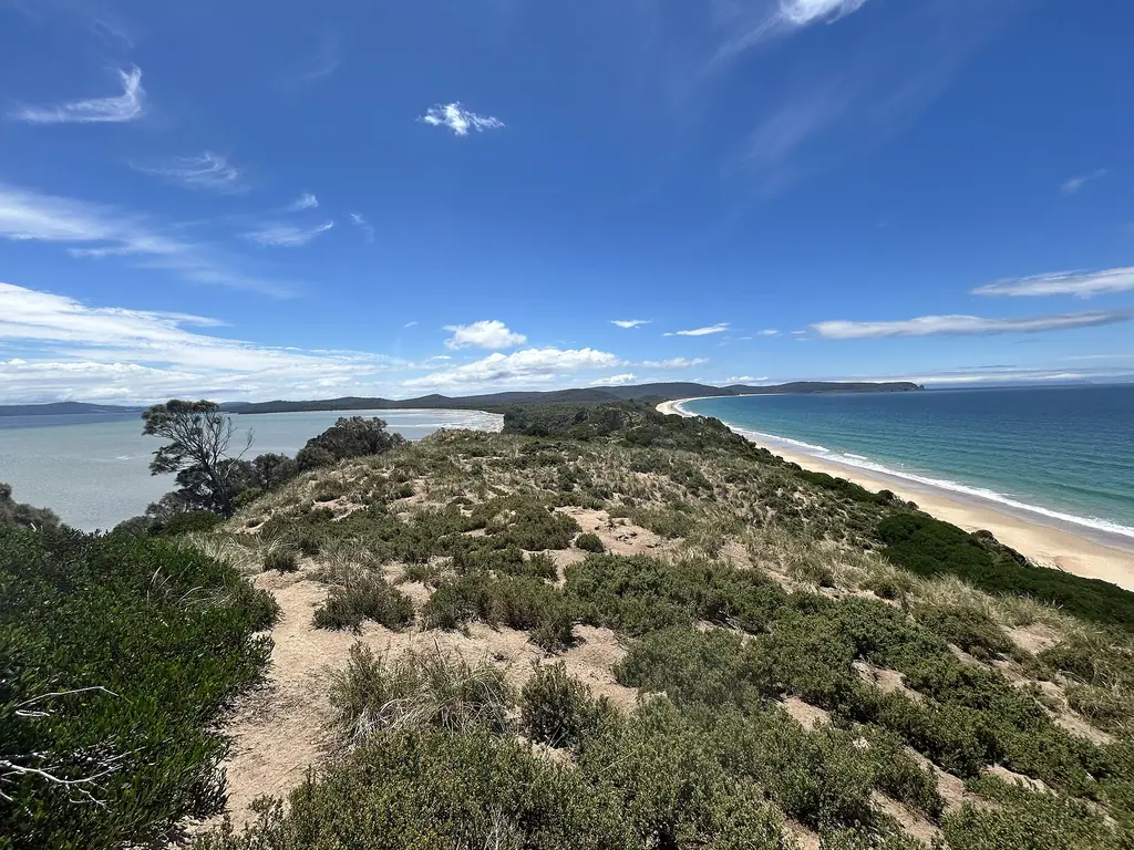 View north from The Neck lookout over the sandy isthmus joining North and South Bruny
